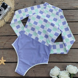 GORUNRUN-Summer Vacation Swimwear Beach Wear Plaid Printed Long Sleeve One Piece Swimsuit