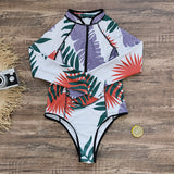 GORUNRUN-Summer Vacation Swimwear Beach Wear Long-sleeved  Blossom Printed One Piece Swimsuit