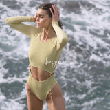 GORUNRUN-Summer Vacation Swimwear Beach Wear Solid Color Hollow Long Sleeve One-piece Swimsuit