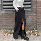 GORUNRUN-Women's black skirt 2024 summer new niche design slit satin drapey slimming long skirt Casual luxury women's clothing Vestidos