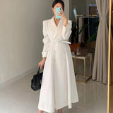 GORUNRUN-Women's Spring Autumn Casual A-Line Midi White Shirt Dress Long Sleeve Elegant Slim Waist Vestidos Female Fashion Black Clothes