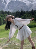 GORUNRUN-Elegant Hollow-out White Dresses For Women Simmer New Lantern Sleeve With Belt Mini Dress French Style Shirt Vestidos 2024