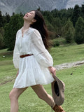 GORUNRUN-Elegant Hollow-out White Dresses For Women Simmer New Lantern Sleeve With Belt Mini Dress French Style Shirt Vestidos 2024