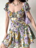 GORUNRUN-Ancient Oil Painting Floral Puff Sleeve Short Sleeve Dress