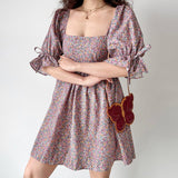 GORUNRUN-Vintage Square Neck Puff Sleeve Floral Dress