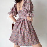 GORUNRUN-Vintage Square Neck Puff Sleeve Floral Dress