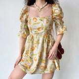 GORUNRUN-Vintage Fruit Print Square Neck Puff Sleeve Dress