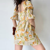 GORUNRUN-Vintage Fruit Print Square Neck Puff Sleeve Dress