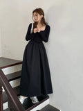 GORUNRUN-New Autumn Fashion Elegant Black Midi Dress for Women Long Sleeve Square Neck Simple Solid Vintage Chic Ladies Dresses Korean