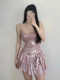 GORUNRUN-Summer Pink Strap Kawaii Dress Women Backless Elegant Vintage Party Mini Dress Female Bow Belted Sashes Designer Dress 2024