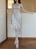 GORUNRUN-Elegant Vintage Midi Dresses for Women Sleeveless Fashion Spli Solid Square Collar Spaghetti Strap Party Dress New Summer 2024