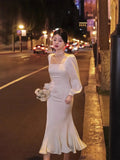 GORUNRUN-2024 New Vintage Long Sleeved Satin Midi Dresses Fishtail Square Neck White Slim Waist Elegant Party Birthday Dress for Women