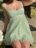 GORUNRUN Green Sweet Female Short Dress Chic Aesthetic Y2K Cute Sleeveless Summer Dresses Hollow Backless Ruffles Dress