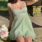 GORUNRUN Green Sweet Female Short Dress Chic Aesthetic Y2K Cute Sleeveless Summer Dresses Hollow Backless Ruffles Dress