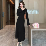 GORUNRUN-Solid Vintage Knitted Bottoming Dress for Women Autumn Winter Fashion Slim Waisted Simple Elegant Party Birthday Dresses
