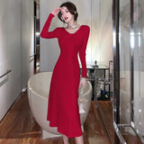 GORUNRUN-Elegant Vintage Knitted Evening Dress for Women Autumn Winter Fashion Long Sleeve Slim Dresses Knit Sweater Lady Clothing