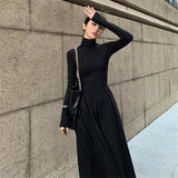 GORUNRUN-New Autumn Winter French Vintage Black Women Midi Dresses Long Sleeved High Collar Slim Office Lady Female Knitted Long Dress