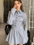 GORUNRUN-Elegant Vintage Blue Striped Women Mini Dresses Autumn Fashion 2024 New Pleated Long Sleeve Holiday Party Shirt Dress Korean