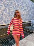 GORUNRUN Knitted Mini Y2K 2024 Stripe Bodycon Dress Women Beach Holiday Party Summer Casual Long Sleeve Backless Sexy Dresses