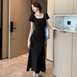 GORUNRUN-Solid Simple Bodycon Dresses for Women 2024 Midi Square Neck Short Sleeve Office Lady Vestidos Waist Black Dress Party Birthday
