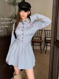 GORUNRUN-Elegant Vintage Blue Striped Women Mini Dresses Autumn Fashion 2024 New Pleated Long Sleeve Holiday Party Shirt Dress Korean