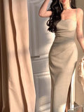 GORUNRUN-New Fashion Vintage Bodycon Dress for Women Elegant Sleeveless Spaghetti Strap Slim Solid Formal Dress French 2024 New Summer