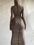 GORUNRUN Autumn 2024 Long Sleeve Hooded Dress Maxi Women Vintage Ruffles Elegant Dresses Khaki Split Reverse Side