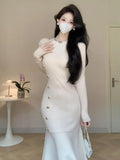 GORUNRUN-Elegant Knitted Fishtail Dress for Women Autumn Winter White Black O-neck High Waist Slim Chic Party Solid Button Dresses