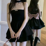 GORUNRUN-Summer Black Strap Kawaii Dress Women Casual Bow Sweet Party Mini Dress Female Casual Korean Fashion Elegant Cute Dress 2024