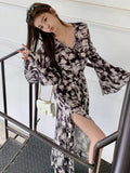 GORUNRUN-Vintage Print Midi Dress for Women 2024 New Autumn Streetwear Long Sleeved V-neck Elegant Chic Sweet Floral Dress Korean