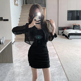 GORUNRUN-Elegant Slim Mesh Dress Women for 2024 Autumn Fashion with Black Sunscreen Cardigan Korean Office Lady Mini Dresses Long Sleeved