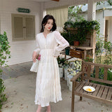 GORUNRUN-Elegant Chic Women White Midi Dress for Autumn 2024 New Chiffon Puff Long Sleeve V-neck Casual Office Lady Cute Fairy Dress