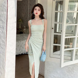 GORUNRUN-New Arrived Square Neck Vintage Dress for Women Sleeveless Fashion Luxury Sling Slim Party Evening Long Dresses Summer 2024
