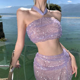 GORUNRUN-2024 New Summer Purple Sequin Set for Women Sexy Split Half-body Dress Beach Holiday Casual Elegant 2 Pieces Female Clothing