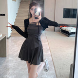 GORUNRUN-New Autumn Fashion Black Slim Mini Dress for Women Long Sleeved Sunscreen Cardigan Elegant Chic Office Lady Dresses Korean