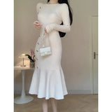 GORUNRUN-Elegant Knitted Fishtail Dress for Women Autumn Winter White Black O-neck High Waist Slim Chic Party Solid Button Dresses
