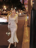 GORUNRUN-2024 New Vintage Long Sleeved Satin Midi Dresses Fishtail Square Neck White Slim Waist Elegant Party Birthday Dress for Women