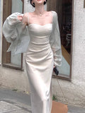 GORUNRUN-New Fashion Vintage Bodycon Dress for Women Elegant Sleeveless Spaghetti Strap Slim Solid Formal Dress French 2024 New Summer