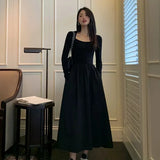 GORUNRUN-Elegant Vintage Square Collar Long Party Dresses for Women Clothing Office Lady Casual Black Pockets Bodycon Midi Dress Winter