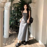 GORUNRUN-2024 New Summer Sexy Long Dress for Women Slim Office Lady Casual Grey Sling Dresses Sleeveless Fashion Korean Female Clothing