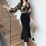 GORUNRUN-New French Vintage Floral Dress for Women Long Sleeve Two Piece V-Neck Trumpet 2024 New Autumn Winter Fashion Dress Sets