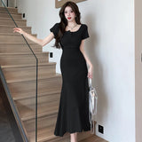 GORUNRUN-Solid Simple Bodycon Dresses for Women 2024 Midi Square Neck Short Sleeve Office Lady Vestidos Waist Black Dress Party Birthday