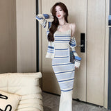GORUNRUN-2024 New Autumn and Winter Stripe Knitted Midi Dresses for Women with Long Sleeved Cardigan Elegant Causal Ladies Long Dress