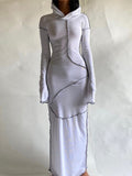 GORUNRUN Autumn 2024 Long Sleeve Hooded Dress Maxi Women Vintage Ruffles Elegant Dresses Khaki Split Reverse Side