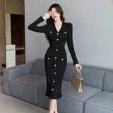 GORUNRUN-Sexy Black Women Midi Dresses for 2024 New Autumn Fashion Knitted Sweater Long Sleeved Vintage Elegant Office Lady Party Dress