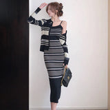 GORUNRUN-2024 New Autumn and Winter Stripe Knitted Midi Dresses for Women with Long Sleeved Cardigan Elegant Causal Ladies Long Dress
