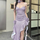 GORUNRUN-Women Summer Sexy y2k Fairy Dress Casual Loose Dress Shiny Ruffle Asymmetric Slit Hem Flower Maxi Dress