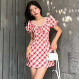 GORUNRUN-Women Summer Sexy y2k Fairy Dress Casual Loose Dress Cottagecore Checkered Mini Dress
