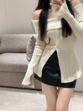 GORUNRUN-Ins Style Street Fashion One Shoulder Long White Knit Sweater For