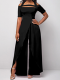 GORUNRUN Short Sleeve Cold Shoulder Black Jumpsuit